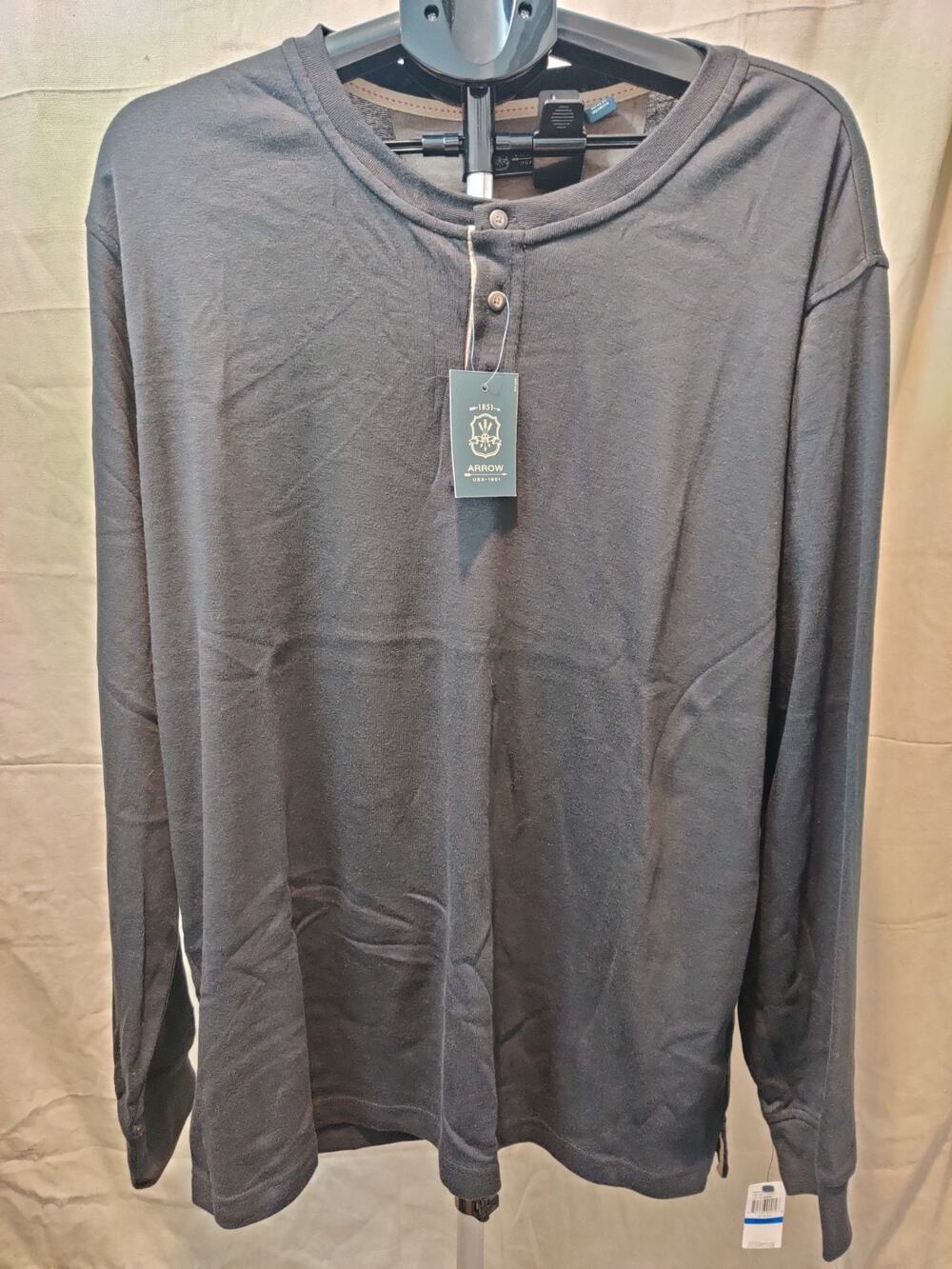 Arrow Henley Shirt Men's Size XL Long Sleeve Jet Black Cotton Blend NWT